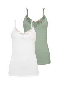 To camisoler med spagettistropper, en hvit med blondekant og den andre i grønn bomull, med et design av blomsterblonde i halsen.