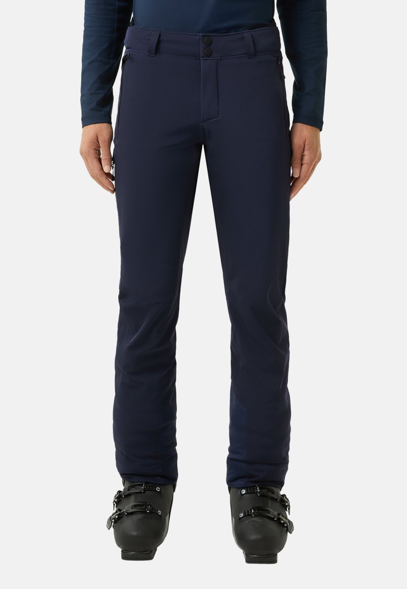 Pantalons de ski bleus en matériau imperméable, dotés de deux poches avant, d'un design droit et d'une texture lisse. Convient pour les sports d'hiver.