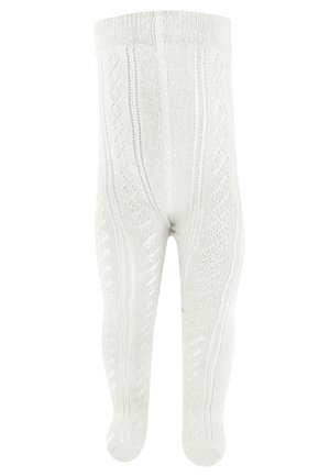 Collants en tricot blancs arborant un motif texturé avec des designs en câble, des orteils arrondis et une taille élastique pour un ajustement confortable.
