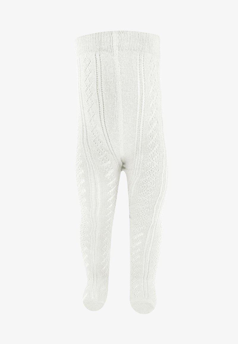 Białe dzianinowe rajstopy z wzorem teksturowym, z motywem warkocza, zaokrąglonymi palcami oraz elastycznym pasem dla dopasowania.