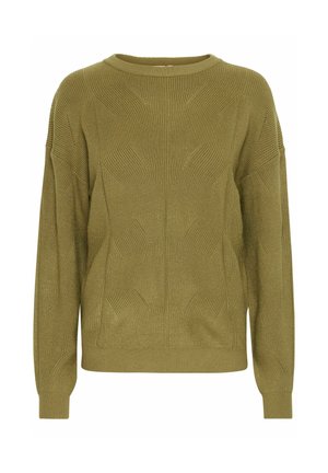 Pull en laine vert olive avec un motif géométrique texturé, col rond et manches longues, fabriqué à partir d'un matériau doux et flexible.