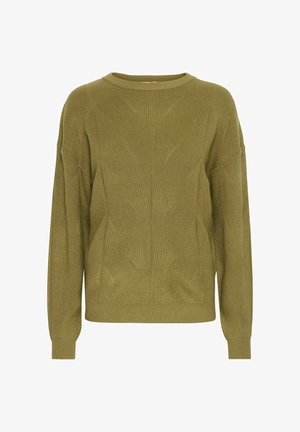 Olivovo zelený pletený sveter s textúrovaným geometrickým vzorom, s okrúhlym výstrihom a dlhými rukávmi, vyrobený z jemného, flexibilného materiálu.