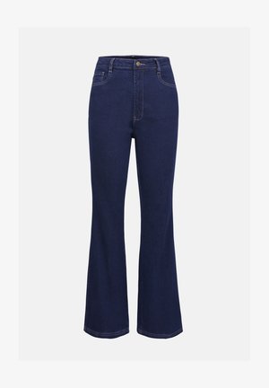 Mørkeblå denim flared jeans med høj talje, standard knaplukning og forlommer. Har kontraststing og en glat tekstur.