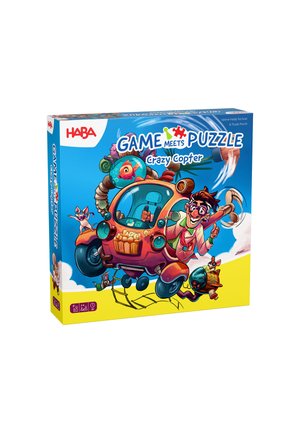 Puzzle box titled "Crazy Copter" featuring vibrant blue and yellow design, cartoonish characters, and a playful helicopter.