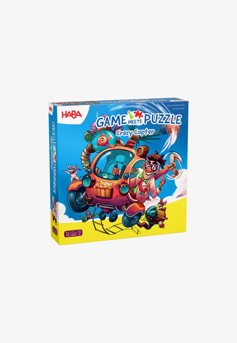 Puzzleschachtel mit dem Titel "Verrückter Hubschrauber", die ein lebendiges Design in Blau und Gelb, cartoonartige Figuren und einen verspielten Hubschrauber zeigt.