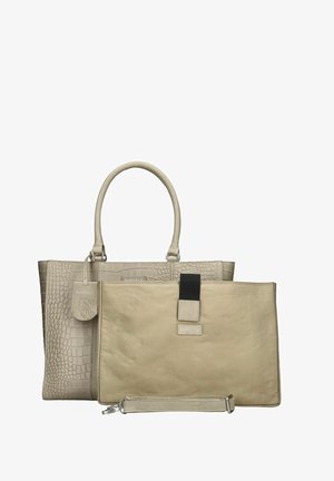 Ensemble de sacs à main Burkely beige comprenant un sac fourre-tout à texture crocodile et une pochette lisse avec une sangle noire et un bracelet détachable.