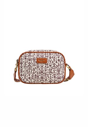 Patterned canvas crossbody bag with a maroon and cream design, complemented by tan leather accents and a detachable strap.