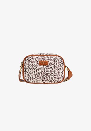 Patterned canvas crossbody bag with a maroon and cream design, complemented by tan leather accents and a detachable strap.