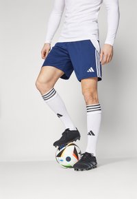 Schwarze Fußballschuhe, blaue Shorts mit weißen Streifen, weiße Socken mit schwarzen Streifen und ein mehrfarbiger Fußball auf hellem Hintergrund.