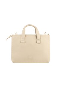 Borsa tote sintetica beige con doppi manici e chiusura a cerniera superiore. Presenta una superficie liscia e testurizzata e un logo discreto sul fronte.