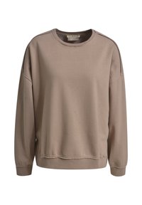 Beige Crewneck-Sweatshirt mit langen Ärmeln im lässigen Schnitt, gerippten Bündchen und leicht ausgefranstem Saum. 