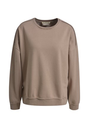 Long-sleeve beige crewneck sweatshirt with relaxed fit, ribbed cuffs, and slightly distressed hem detailing.