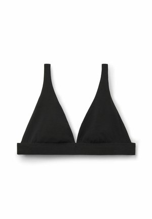 Black triangle bralette made of soft fabric, featuring thin shoulder straps and a wide underband for support. No visible patterns or hardware.