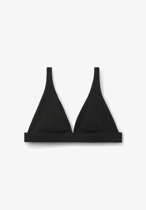 Schwarzer Triangel-Bralette aus weichem Stoff, mit dünnen Schulterträgern und einem breiten Unterband für Unterstützung. Keine sichtbaren Muster oder Beschläge.