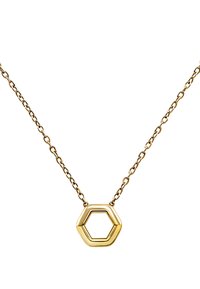 Collana placcata oro con pendente esagonale. La catena è caratterizzata da maglie, e il pendente ha un centro aperto e una finitura liscia.