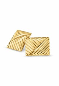 Boutons de manchette en ton or avec une forme rectangulaire, présentant un motif texturé de lignes diagonales et des accents en forme de feuille pour plus de détails.