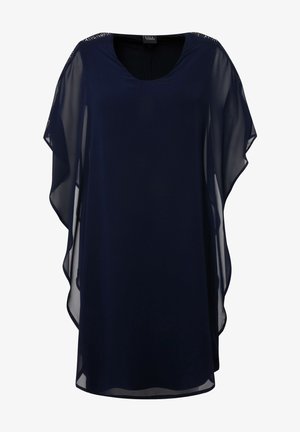 Marineblauwe, doorschijnende kaftan met een losse fit, ronde halslijn en korte mouwen. Kenmerkt zich door geborduurde accenten op de schouders. Zachte textuur.