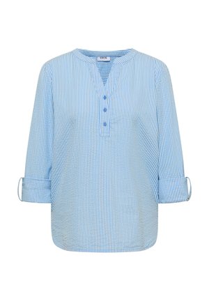 Hellblau-weiß gestreifte Bluse mit langen Ärmeln, drei Knöpfen vorne und aufrollbaren Ärmeln mit Knopflaschen.