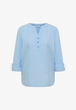 Hellblau-weiß gestreifte Bluse mit langen Ärmeln, drei Knöpfen vorne und aufrollbaren Ärmeln mit Knopflaschen.