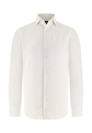 Chemise de dress blanche à manches longues avec fines rayures verticales bleues, fermeture boutonnée à l'avant et col pointu.
