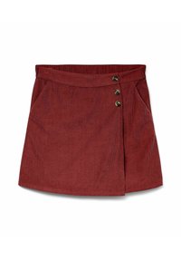 Jupe en velours côtelé rouge avec une silhouette légèrement évasée, dotée de trois boutons à l'avant, de poches latérales et d'un tissu texturé.