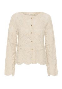 Cream-colored long-sleeve crochet cardigan with round neckline, scalloped hem, and seven small front buttons.