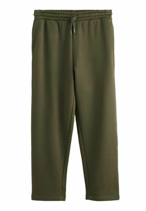 Olivegrüne Jogginghosen aus weichem Material, mit einem elastischen Bund und Kordelzug, seitlichen Taschen und schmal zulaufenden Beinabschlüssen.