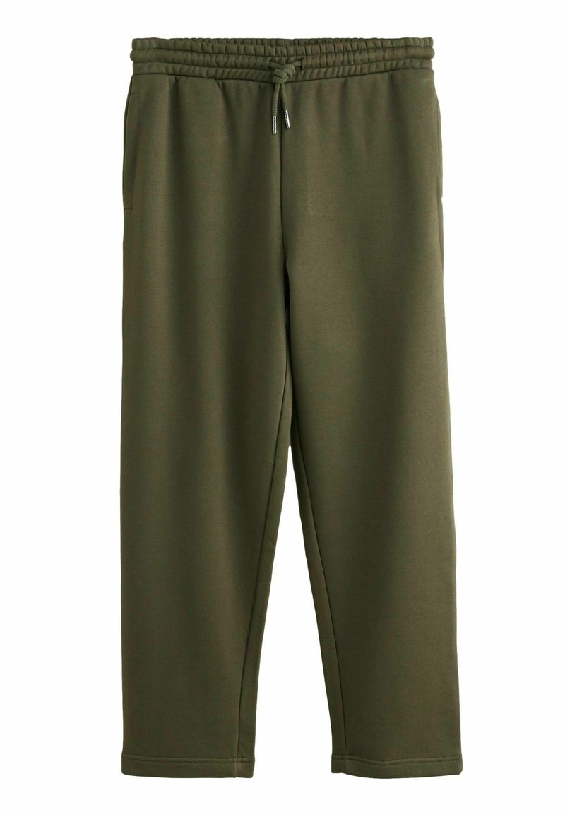 Olivegrüne Jogginghosen aus weichem Material, mit einem elastischen Bund und Kordelzug, seitlichen Taschen und schmal zulaufenden Beinabschlüssen.