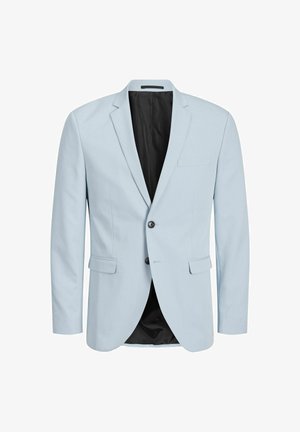 Hellblaue Blazer aus glattem Stoff, mit Reverskragen, Ein-Knopf-Verschluss, zwei vorderen Taschen und schwarzem Futter.