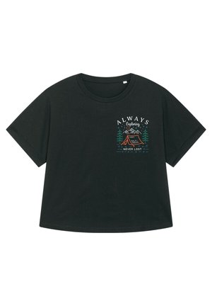 Black cotton t-shirt with a round neckline, short sleeves, and a graphic design featuring a tent, mountains, and trees in contrasting colors.