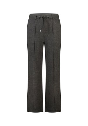 Donkergrijze rechte broek met een taillekoord en verticale naden aan de voorkant op een witte achtergrond.