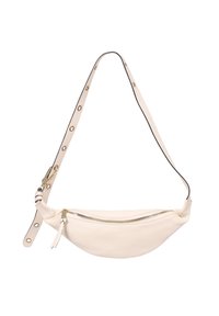 Marsupio in pelle bianca con finitura texturizzata, forma curva e chiusura superiore a zip. Presenta una tracolla staccabile con dettagli in metallo.