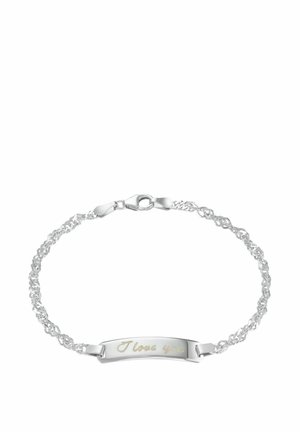Silver chain bracelet with a flat, engraved bar featuring "I love you" in gold lettering. The chain has a twisted design and a clasp closure.