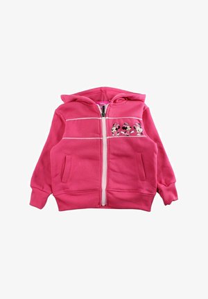 Veste à capuche zippée pour enfants de couleur rose vif avec deux poches et des imprimés du personnage Minnie Mouse sur la poitrine.