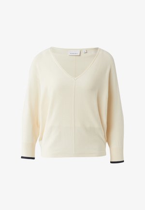 Crèmekleurige v-hals trui met lange mouwen, doorgezakte schouders en zwarte bies op de mouwboorden, maat small, merk Comma.