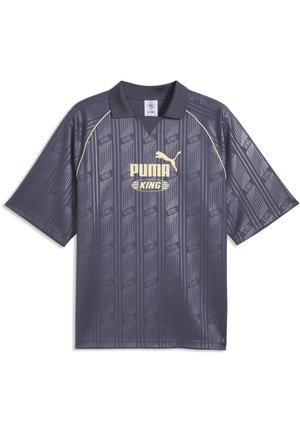 Kortærmet mørkegrå Puma King skjorte med subtile lodrette mønstre, gul logo og piping samt en sort krave.