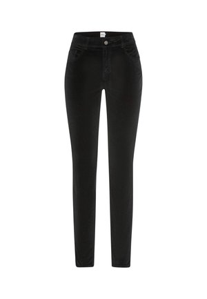 Schwarze Velours-Skinny-Hosen mit hoher Taille, Fronttaschen und Knopfverschluss. Glatte Textur mit einer figurbetonten Silhouette.