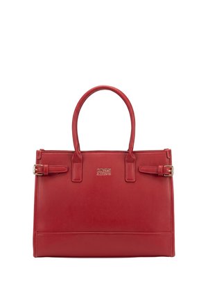 Borsa rettangolare in pelle rossa con doppio manico, cinturini laterali con fibbie e logo "Coveri Active" al centro davanti.