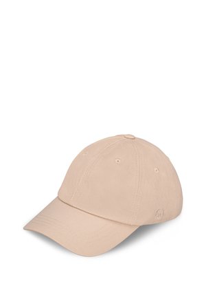 Beżowa bawełniana czapka z daszkiem z zakrzywionym rondem i przeszywanymi otworami wentylacyjnymi, prezentowana na białym tle.