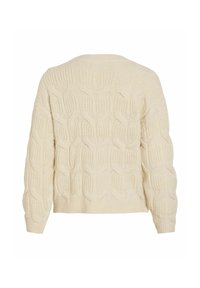 Pull en maille couleur crème avec motif torsadé et côtelé, manches longues, poignets et ourlet côtelés, vu de dos.