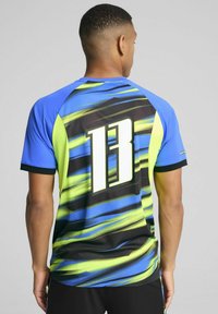 T-shirt med korte ærmer til fodbold i blå og grøn med et sort bølgemønster; har et stort hvidt nummer "13" på ryggen.