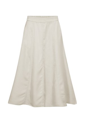 Lange beige rok met uitlopende A-lijn, elastische tailleband en zichtbare verticale naaddetails.