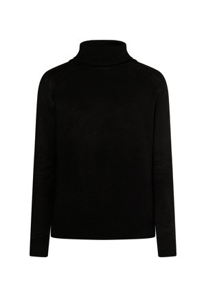 Schwarzer Rollkragenpullover aus weichem Strickmaterial, mit langen Ärmeln, gerippten Bündchen und einem figurbetonten Design ohne Naht an den Schultern.