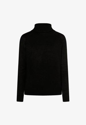 Schwarzer Rollkragenpullover aus weichem Strickmaterial, mit langen Ärmeln, gerippten Bündchen und einem figurbetonten Design ohne Naht an den Schultern.