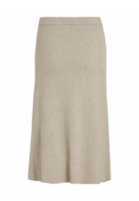 Jupe midi en tricot côtelé beige avec un bas évasé, dotée d'une taille lisse et d'une texture verticale sur l'ensemble du tissu.