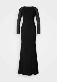 Black long-sleeve dress with lace sleeves, fitted bodice, and a flared skirt. Features a zipper closure at the back and sleek design.