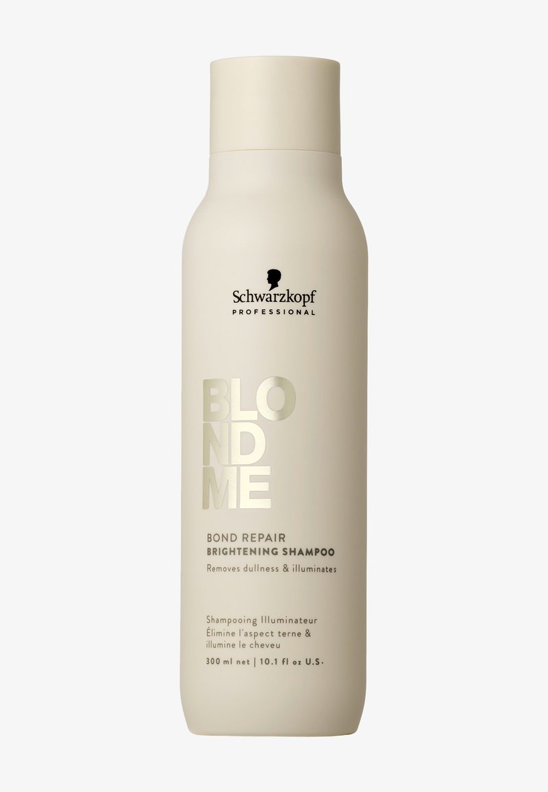 Vit flaska med Schwarzkopf Professional blonderingsschampo, 300 ml, med svart text och silverdetaljer, med slät yta och rund kapsyl.