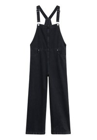 Salopette en denim noir avec bretelles réglables, bavette avant, poches latérales et pantalons à jambes larges.