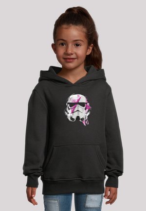 Black hoodie featuring a Stormtrooper helmet graphic with pink accents, drawstring hood, and front kangaroo pocket. Soft fleece material.