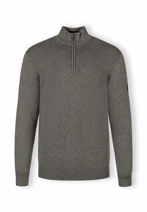 Grauer gestrickter Pullover mit halbem Reißverschluss und langen Ärmeln. Verfügt über gerippte Bündchen und Saum, hergestellt aus weichem, strukturiertem Stoff.